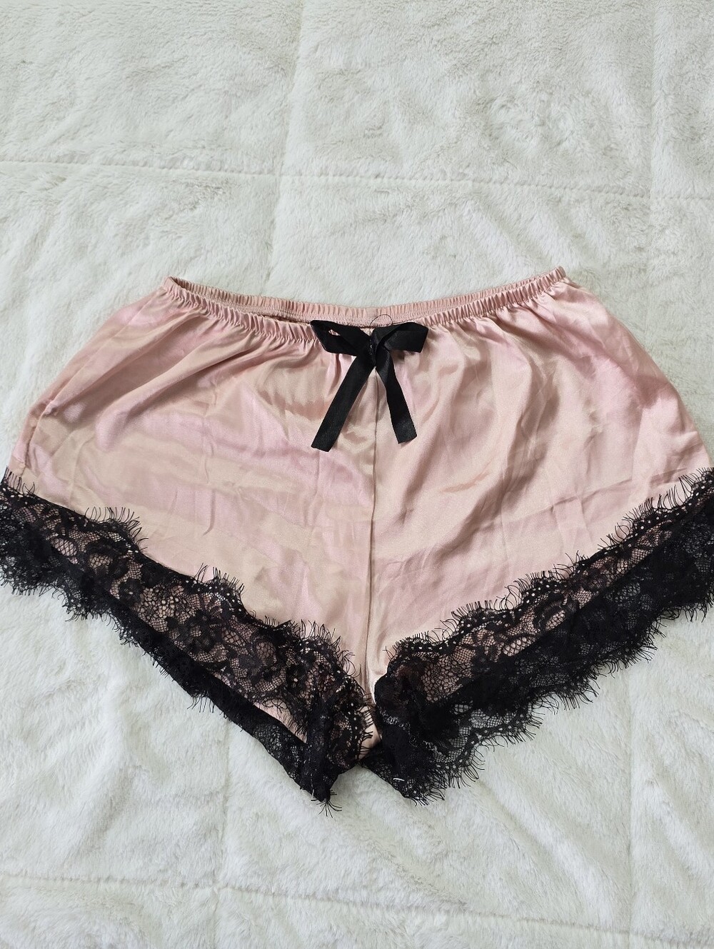 Pink Lace-Trim Sleep Shorts with Black Bow Size S